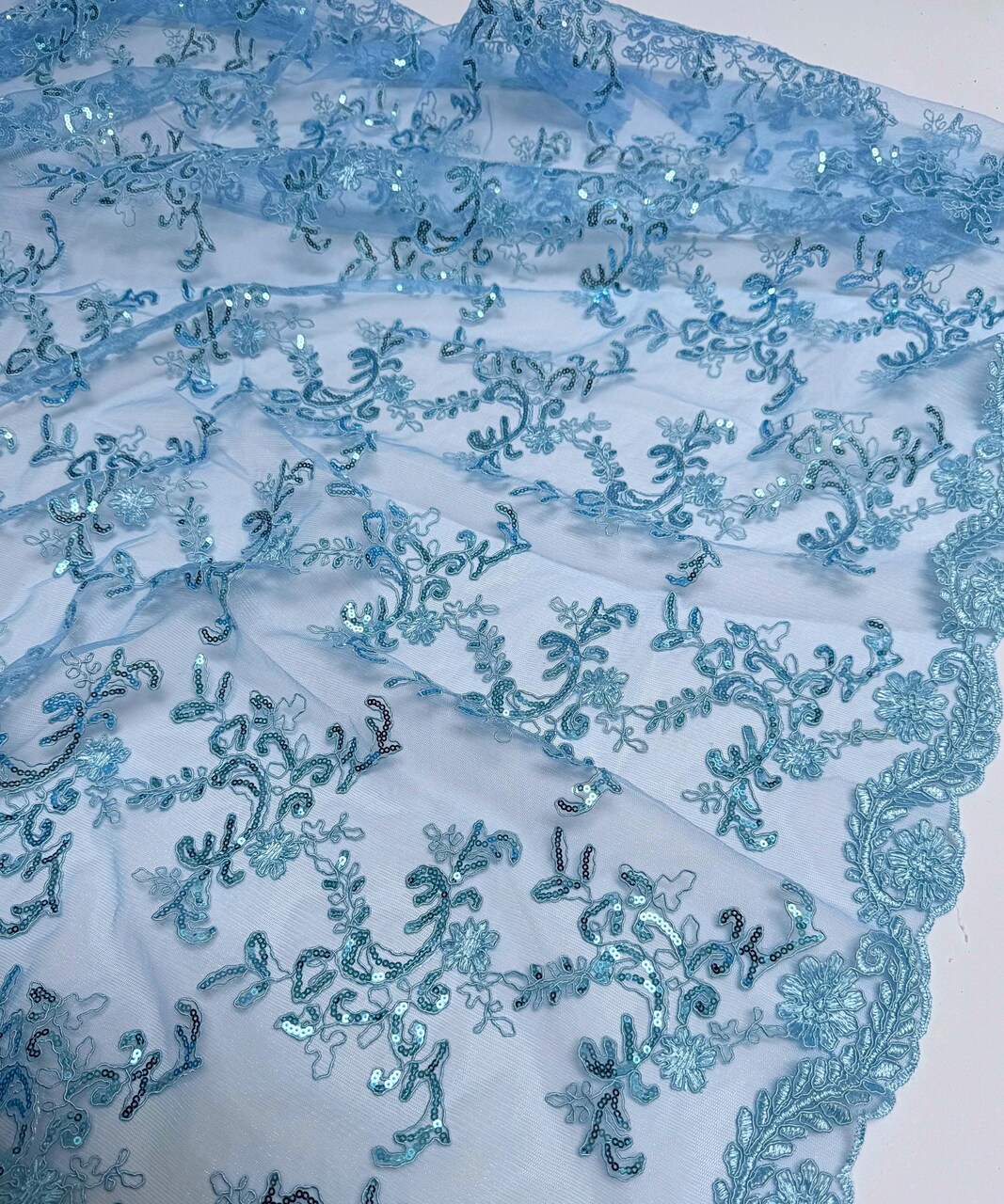 Baby Blue Sequin Embroidered Lace Fabric by the Yard, 54" Wide Floral Mesh Lace with Double Scalloped Edges
